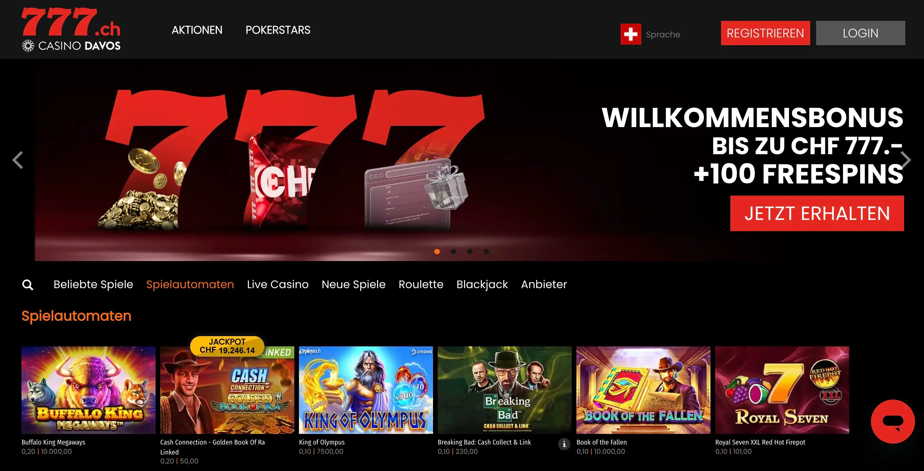 Casino777 Website mit Spielübersicht